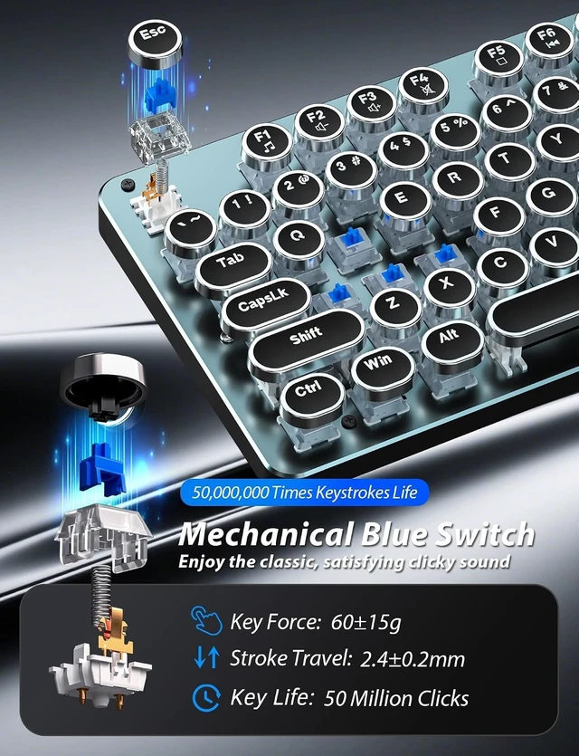 Alt view image 10 of 14 - Typewriter Style Mechanical Gaming Keyboard Blue Switch, Rainbow LED Backlit Wired Computer Keyboards Mouse and Pad Combo, Metal Panel Retro Punk Round Keycaps, 104 Keys Anti-Ghost for PC Laptop Gamer