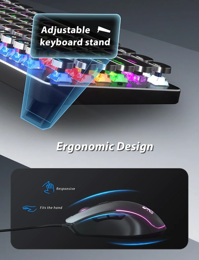 Alt view image 14 of 14 - Typewriter Style Mechanical Gaming Keyboard Blue Switch, Rainbow LED Backlit Wired Computer Keyboards Mouse and Pad Combo, Metal Panel Retro Punk Round Keycaps, 104 Keys Anti-Ghost for PC Laptop Gamer