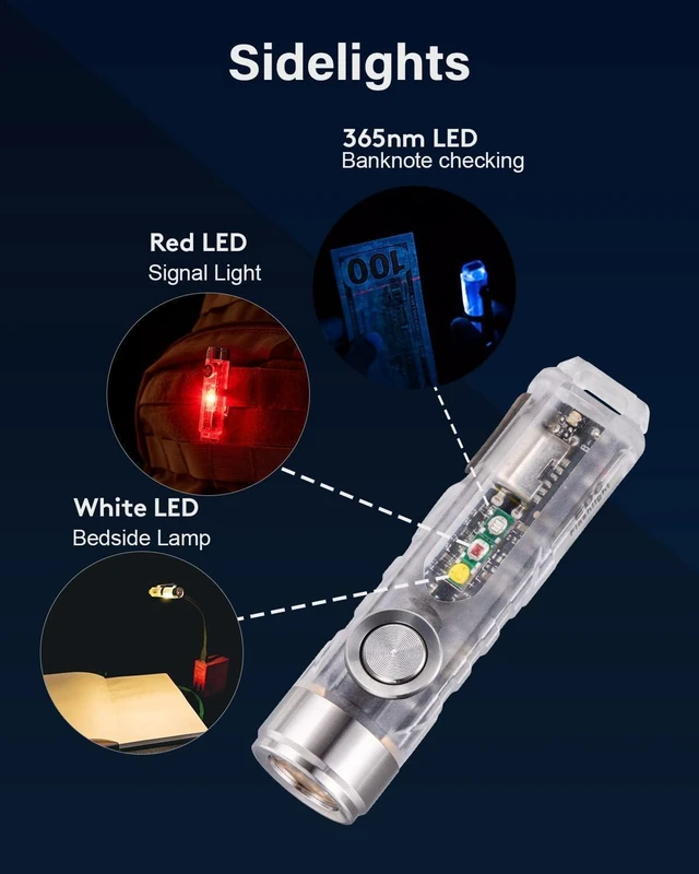 Alt view image 9 of 14 - RovyVon A8 4th Gen Rechargeable EDC Flashlight USB C, 650 Lumens Bright Small Keychain Flashlights High Lumens Mini Flashlight, 365nmUV/Red/White Sidelight, Magnetic Clip and Tail Base