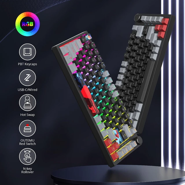 Alt view image 11 of 14 - Fogruaden 75% Wired Mechanical Gaming Keyboard - 75 Percent TKL Hot Swappable Gasket Mount, Red Switch, RGB Backlit 82 Keys, NKRO Compact with Knob (Dark)