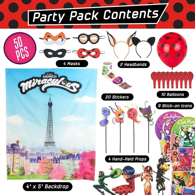 Alt view image 9 of 14 - 50pc Miraculous Ladybug All-in-One Birthday Party Supplies Set | Zag Heroez Celebration Kit with Backdrop, Props & Tableware