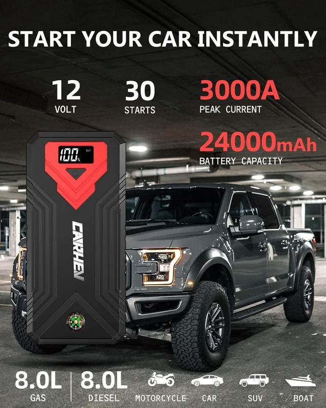 Alt view image 9 of 14 - 3000A Jump Starter, 24000mAh Car Battery Jump Starter (up to 8.0L Gas and 8.0L Diesel Engine) Battery Jumper Starter Portable, 12V Car Jumper Starter Portable with LED Light and USB QC 3.0