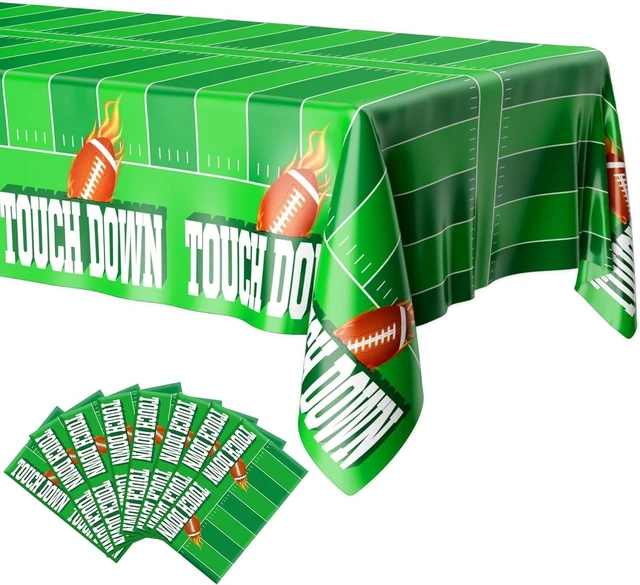 Alt view image 8 of 14 - Football Tablecloth, 8 Pack Take Cover, 54"x108" Disposable Plastic Touchdown Take Cloth for Tailgate Birthday Party Supplies Superbowl Decorations