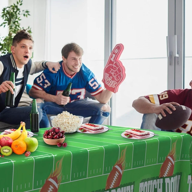 Alt view image 13 of 14 - Football Tablecloth, 8 Pack Take Cover, 54"x108" Disposable Plastic Touchdown Take Cloth for Tailgate Birthday Party Supplies Superbowl Decorations