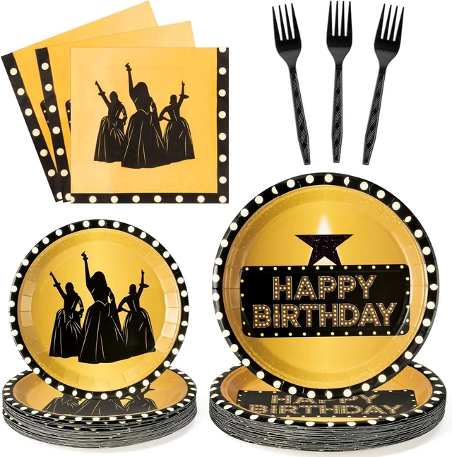 Alt view image 7 of 12 - GaofanWai Famous Musical Star Tableware - 96PCS Black & Gold American Musical Theater Party Paper Plate Set for Adult Fans, Inspired Happy Birthday Party Decoration Dinnerware Napkin Fork, 24 Guests