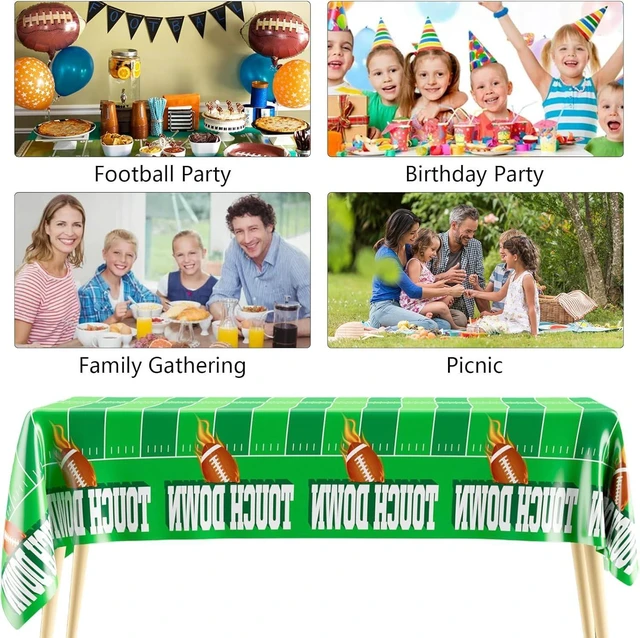Alt view image 14 of 14 - Football Tablecloth, 8 Pack Take Cover, 54"x108" Disposable Plastic Touchdown Take Cloth for Tailgate Birthday Party Supplies Superbowl Decorations