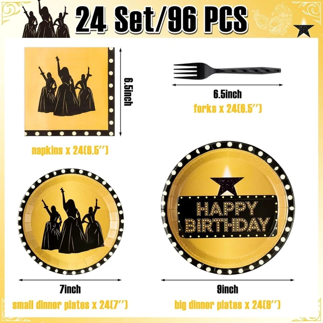 Alt view image 8 of 12 - GaofanWai Famous Musical Star Tableware - 96PCS Black & Gold American Musical Theater Party Paper Plate Set for Adult Fans, Inspired Happy Birthday Party Decoration Dinnerware Napkin Fork, 24 Guests