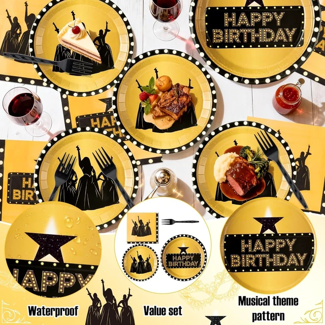 Alt view image 9 of 12 - GaofanWai Famous Musical Star Tableware - 96PCS Black & Gold American Musical Theater Party Paper Plate Set for Adult Fans, Inspired Happy Birthday Party Decoration Dinnerware Napkin Fork, 24 Guests