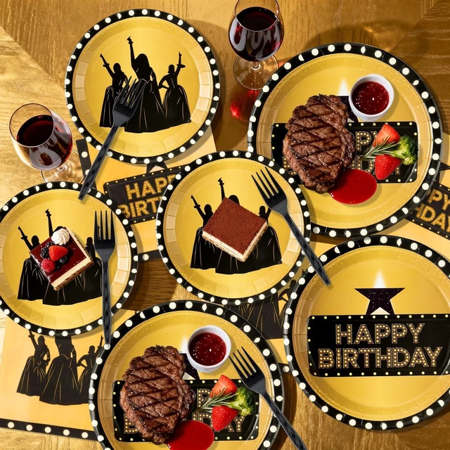 Alt view image 12 of 12 - GaofanWai Famous Musical Star Tableware - 96PCS Black & Gold American Musical Theater Party Paper Plate Set for Adult Fans, Inspired Happy Birthday Party Decoration Dinnerware Napkin Fork, 24 Guests