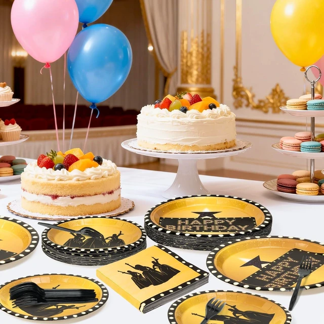 Alt view image 10 of 12 - GaofanWai Famous Musical Star Tableware - 96PCS Black & Gold American Musical Theater Party Paper Plate Set for Adult Fans, Inspired Happy Birthday Party Decoration Dinnerware Napkin Fork, 24 Guests