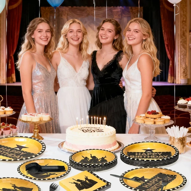 Alt view image 11 of 12 - GaofanWai Famous Musical Star Tableware - 96PCS Black & Gold American Musical Theater Party Paper Plate Set for Adult Fans, Inspired Happy Birthday Party Decoration Dinnerware Napkin Fork, 24 Guests