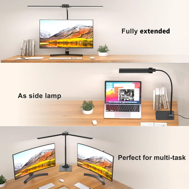 Alt view image 9 of 14 - KableRika Desk Lamp Double Light: Bright Led Desk Lights for Home Office - Eye Care Reading Table Lamps with Base - Dimmable Desktop Lighting for Computer Monitor Study Drafting