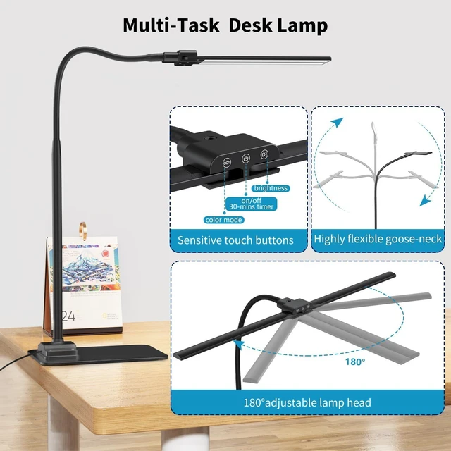 Alt view image 14 of 14 - KableRika Desk Lamp Double Light: Bright Led Desk Lights for Home Office - Eye Care Reading Table Lamps with Base - Dimmable Desktop Lighting for Computer Monitor Study Drafting