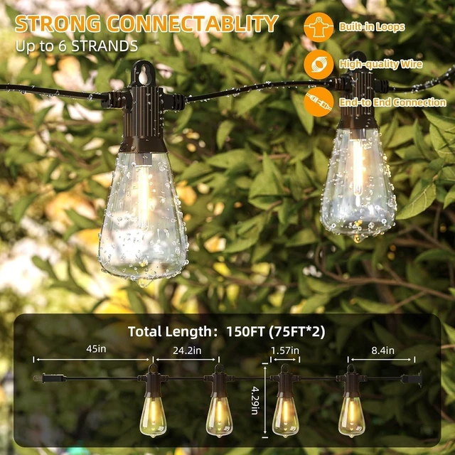 Alt view image 10 of 14 - FOOMAN LED Outdoor String Lights, 150FT Outside Waterproof Patio Lights with 72+3 Shatterproof ST38 Edison Bulbs, 2700K Warm White Hanging Light, Dimmable Light for Back Yard Porch Party Gezebo