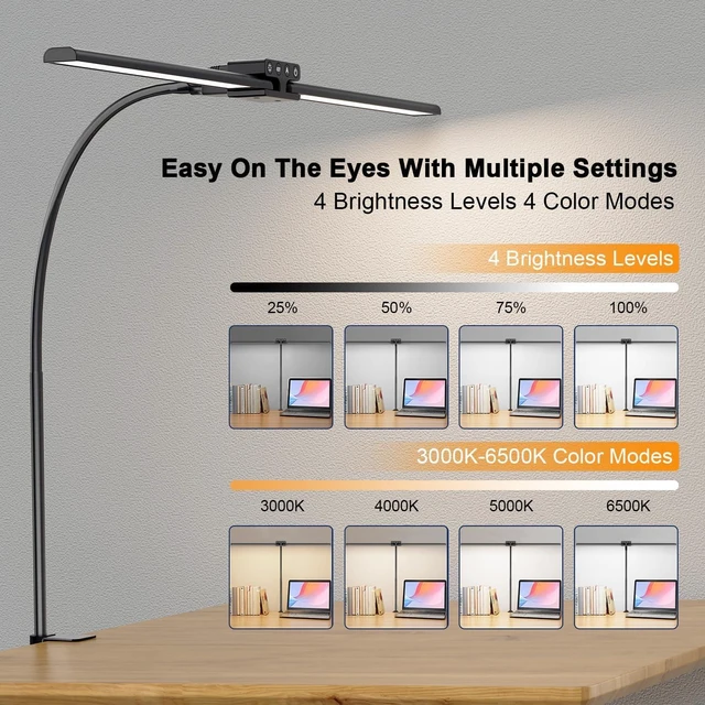 Alt view image 11 of 14 - EppieBasic Desk Lamp,24W Led Desk Lamps with Clamp,Double Head Desk Light for Home Office, Architect Desktop Lamp Eye Care Workbench Office Table Light for Monitor Studio Reading