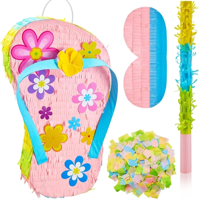 Alt view image 7 of 12 - Sotiff 17" Flip Flop Piñata Summer Luau Piñata for Summer Pool Birthday Party Baby Shower Decorations Party Supplies with Stick Eye Mask Confetti