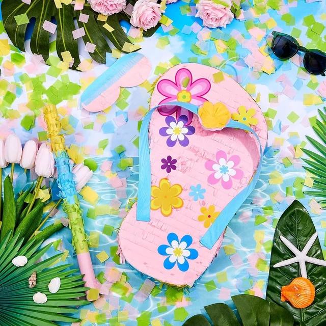 Alt view image 9 of 12 - Sotiff 17" Flip Flop Piñata Summer Luau Piñata for Summer Pool Birthday Party Baby Shower Decorations Party Supplies with Stick Eye Mask Confetti