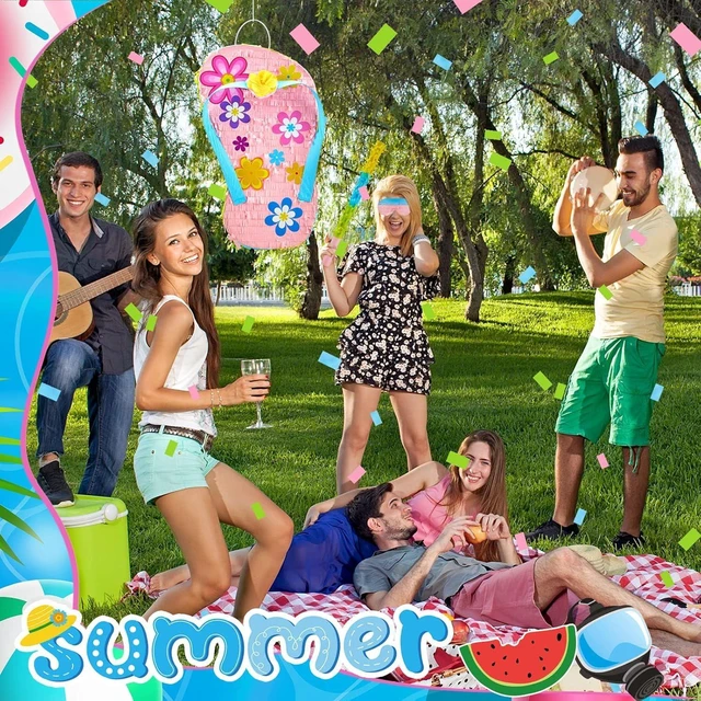 Alt view image 11 of 12 - Sotiff 17" Flip Flop Piñata Summer Luau Piñata for Summer Pool Birthday Party Baby Shower Decorations Party Supplies with Stick Eye Mask Confetti