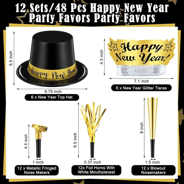 Alt view image 8 of 12 - Shappy 48 Pcs New Year's Eve Party Supplies for 12 Guests 2026 Party Supplies Top Hat Headbands Tiara Fringed Noise Makers(Black Gold)