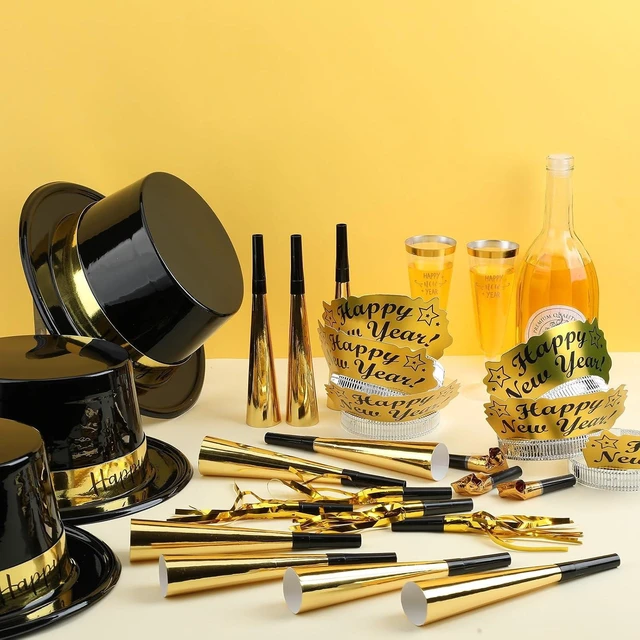 Alt view image 9 of 12 - Shappy 48 Pcs New Year's Eve Party Supplies for 12 Guests 2026 Party Supplies Top Hat Headbands Tiara Fringed Noise Makers(Black Gold)