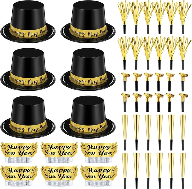 Alt view image 7 of 12 - Shappy 48 Pcs New Year's Eve Party Supplies for 12 Guests 2026 Party Supplies Top Hat Headbands Tiara Fringed Noise Makers(Black Gold)