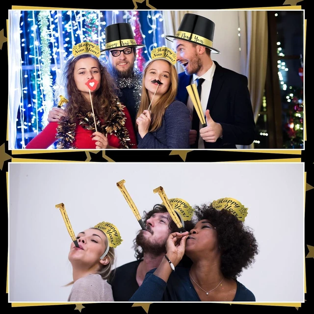 Alt view image 10 of 12 - Shappy 48 Pcs New Year's Eve Party Supplies for 12 Guests 2026 Party Supplies Top Hat Headbands Tiara Fringed Noise Makers(Black Gold)