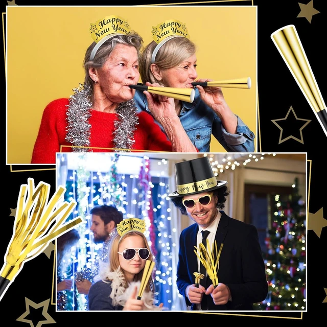 Alt view image 11 of 12 - Shappy 48 Pcs New Year's Eve Party Supplies for 12 Guests 2026 Party Supplies Top Hat Headbands Tiara Fringed Noise Makers(Black Gold)