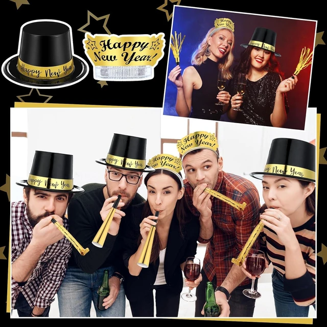 Alt view image 12 of 12 - Shappy 48 Pcs New Year's Eve Party Supplies for 12 Guests 2026 Party Supplies Top Hat Headbands Tiara Fringed Noise Makers(Black Gold)