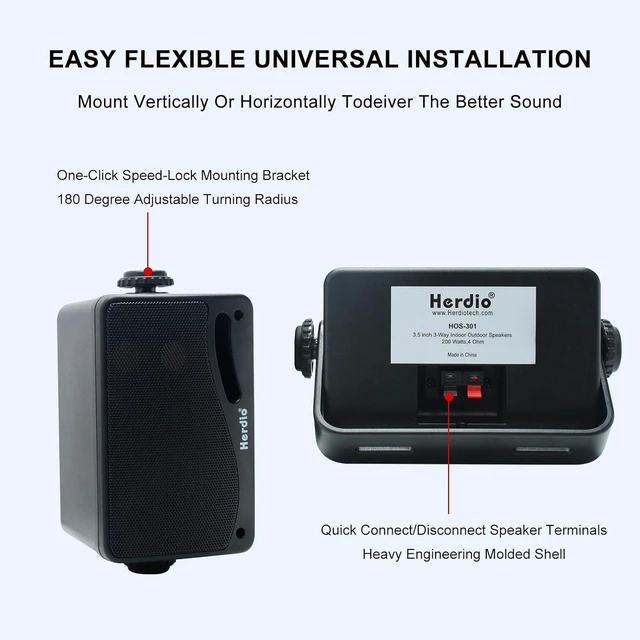 Alt view image 11 of 14 - Herdio 3.5 Inch Passive Outdoor Speakers Wired Waterproof, 200W 3 Way Premium Mountable Wall Mount Speakers with Superior Sound, All-Weather Durability, for Patio Marine Boat Garage Indoor(Black Pair)