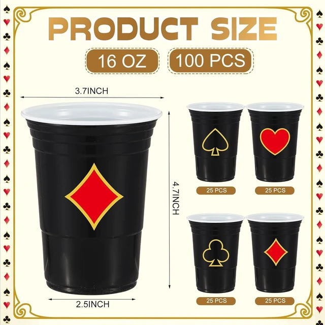 Alt view image 8 of 12 - Ziliny 100 Pack Casino Party Cups 16 oz Poker Theme Disposable Plastic Cups for Hot Cold Drinks Game Themed Birthday Party(Casino)