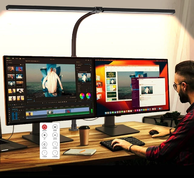 Alt view image 8 of 14 - LED Desk Lamp for Office Dorm Home - Eye Caring Desk Light with Timer, Remote Control 24W Brightest Dual Screen Computer Monitor Gooseneck Dimmable Table lamp with Anti-Glare Cover Clamp