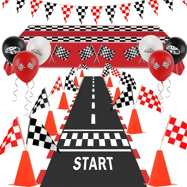 Alt view image 8 of 14 - Race Car Party Decorations, Checkered Flag Party Supplies-12 Traffic Cones and 24 Racing Checkered Flags, 6.5Ft Racetrack Floor Runner and 9.8ft Banner, Tablecloth, Balloons and Ribbons