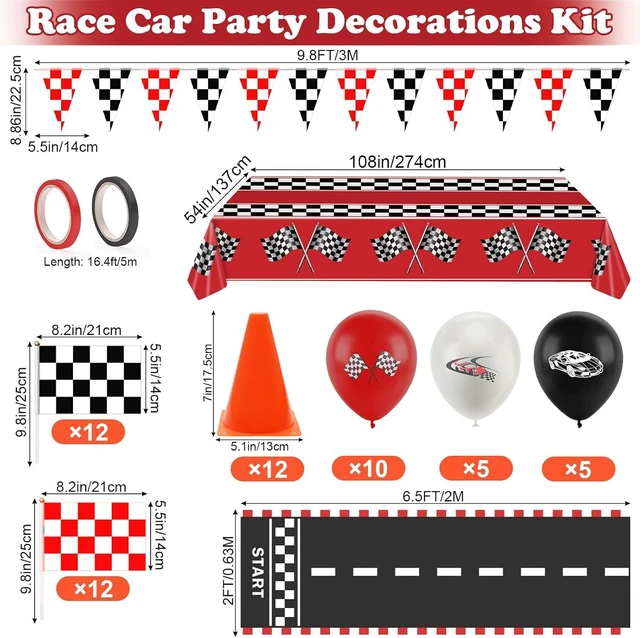 Alt view image 9 of 14 - Race Car Party Decorations, Checkered Flag Party Supplies-12 Traffic Cones and 24 Racing Checkered Flags, 6.5Ft Racetrack Floor Runner and 9.8ft Banner, Tablecloth, Balloons and Ribbons