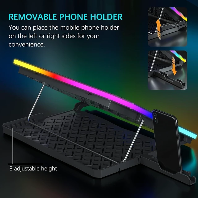 Alt view image 10 of 12 - TopMate C12 Laptop Cooling Pad RGB Gaming Notebook Cooler for Desk and Lap Use, Laptop Fan Stand 8 Adjustable Heights with 6 Quiet Fans and Phone Holder, for 15.6-17.3 Inch Laptops-Ice Blue LED Light