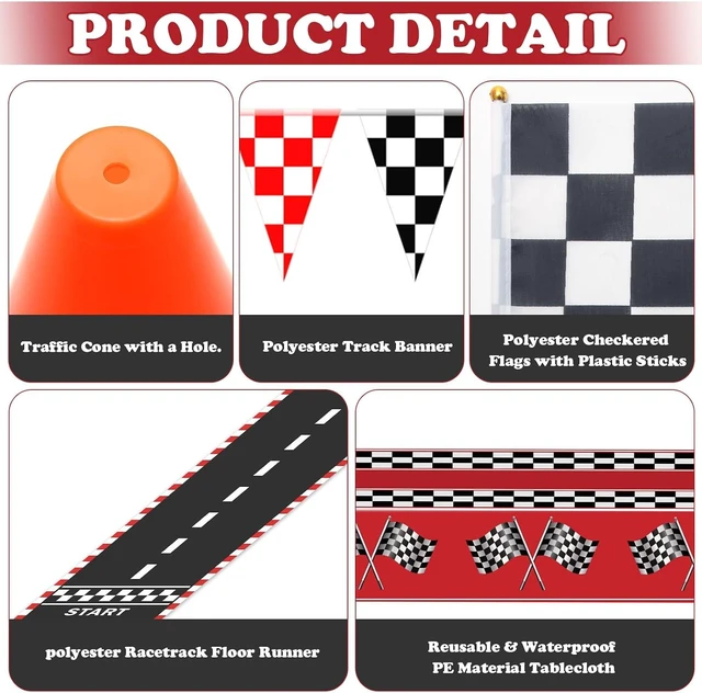 Alt view image 10 of 14 - Race Car Party Decorations, Checkered Flag Party Supplies-12 Traffic Cones and 24 Racing Checkered Flags, 6.5Ft Racetrack Floor Runner and 9.8ft Banner, Tablecloth, Balloons and Ribbons