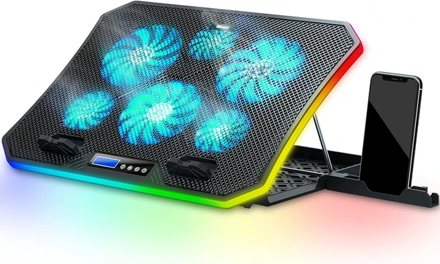 Alt view image 7 of 12 - TopMate C12 Laptop Cooling Pad RGB Gaming Notebook Cooler for Desk and Lap Use, Laptop Fan Stand 8 Adjustable Heights with 6 Quiet Fans and Phone Holder, for 15.6-17.3 Inch Laptops-Ice Blue LED Light