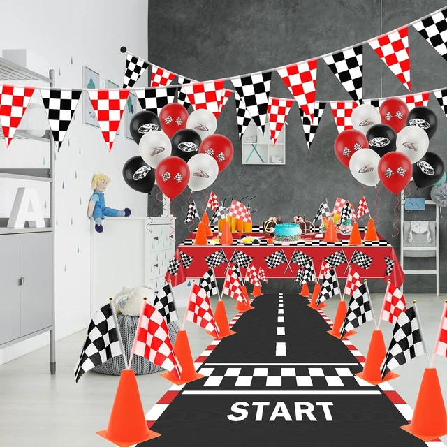 Alt view image 11 of 14 - Race Car Party Decorations, Checkered Flag Party Supplies-12 Traffic Cones and 24 Racing Checkered Flags, 6.5Ft Racetrack Floor Runner and 9.8ft Banner, Tablecloth, Balloons and Ribbons