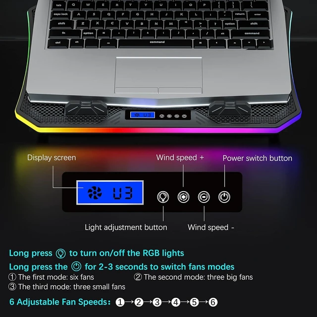 Alt view image 11 of 12 - TopMate C12 Laptop Cooling Pad RGB Gaming Notebook Cooler for Desk and Lap Use, Laptop Fan Stand 8 Adjustable Heights with 6 Quiet Fans and Phone Holder, for 15.6-17.3 Inch Laptops-Ice Blue LED Light