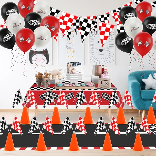Alt view image 14 of 14 - Race Car Party Decorations, Checkered Flag Party Supplies-12 Traffic Cones and 24 Racing Checkered Flags, 6.5Ft Racetrack Floor Runner and 9.8ft Banner, Tablecloth, Balloons and Ribbons