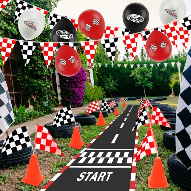 Alt view image 12 of 14 - Race Car Party Decorations, Checkered Flag Party Supplies-12 Traffic Cones and 24 Racing Checkered Flags, 6.5Ft Racetrack Floor Runner and 9.8ft Banner, Tablecloth, Balloons and Ribbons