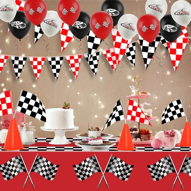 Alt view image 13 of 14 - Race Car Party Decorations, Checkered Flag Party Supplies-12 Traffic Cones and 24 Racing Checkered Flags, 6.5Ft Racetrack Floor Runner and 9.8ft Banner, Tablecloth, Balloons and Ribbons