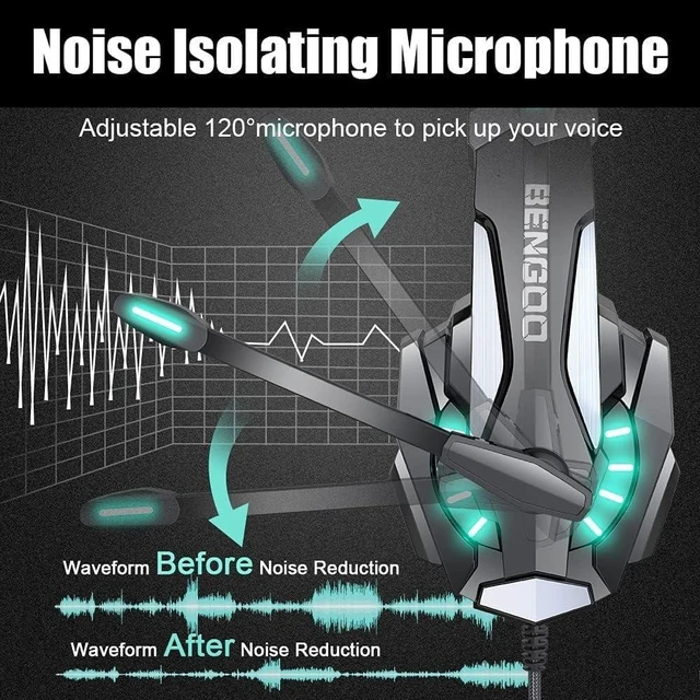 Alt view image 12 of 14 - BENGOO G9000 Stereo Gaming Headset for PS4 PC Xbox One PS5 Controller, Noise Cancelling Over Ear Headphones with Mic, LED Light, Bass Surround, Soft Memory Earmuffs for Laptop Mac - Black