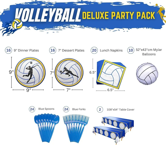 Alt view image 9 of 14 - Volleyball Deluxe Party Packs (112 Pieces for 16 Guests) - Volleyball Decorations, Sports Themed Birthday Party Supplies, Volleyball Plates and Napkins, Volleyball Party Decor, Blue Orchards
