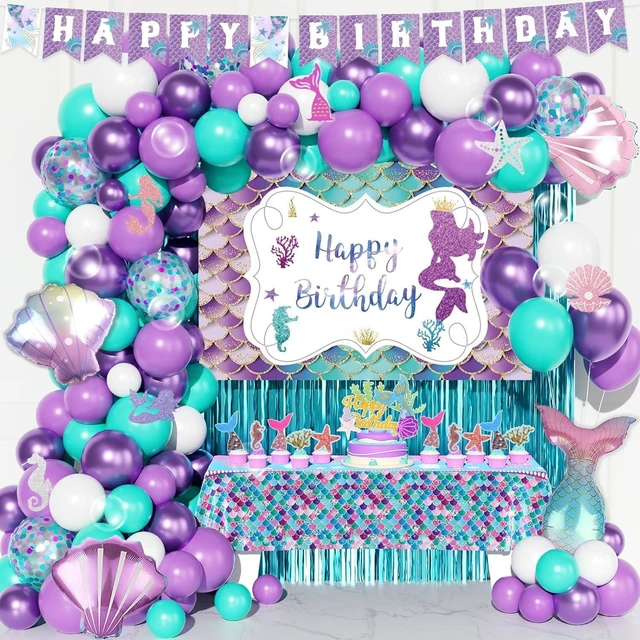Alt view image 8 of 14 - Mermaid Birthday Decorations, Mermaid Party Decorations, Purple Teal Blue Backdrop Balloon Cutout Banner Tablecloth Cake Cupcake Topper for Seashell Under the Sea Ocean Party Supplies