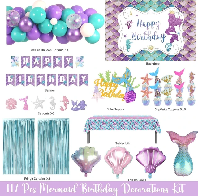 Alt view image 9 of 14 - Mermaid Birthday Decorations, Mermaid Party Decorations, Purple Teal Blue Backdrop Balloon Cutout Banner Tablecloth Cake Cupcake Topper for Seashell Under the Sea Ocean Party Supplies