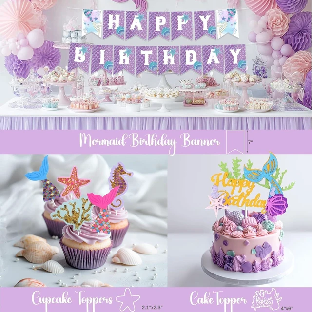 Alt view image 12 of 14 - Mermaid Birthday Decorations, Mermaid Party Decorations, Purple Teal Blue Backdrop Balloon Cutout Banner Tablecloth Cake Cupcake Topper for Seashell Under the Sea Ocean Party Supplies