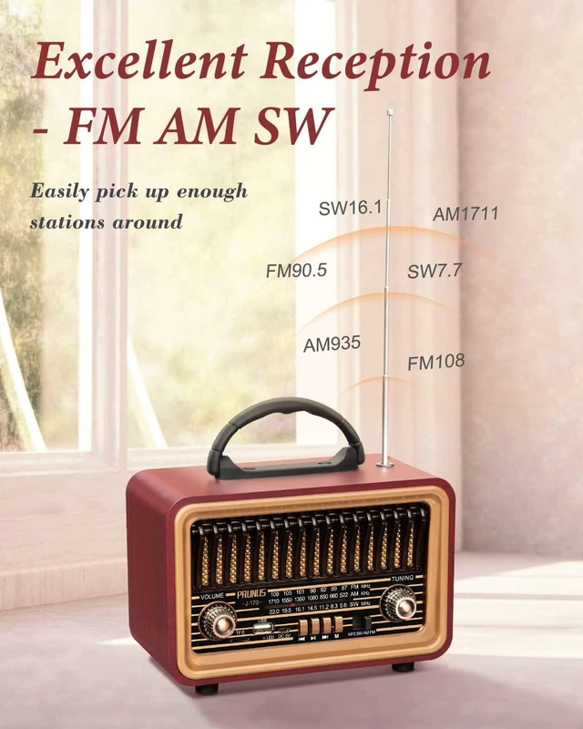 Alt view image 11 of 12 - PRUNUS Retro Vintage Radio with Bluetooth Rich Bass Stereo Sound, Radios Portable AM FM, Rechargeable Speaker with TWS Pairing, Loud Volume,BT5.0, TF Card & MP3 Player for Home/Party