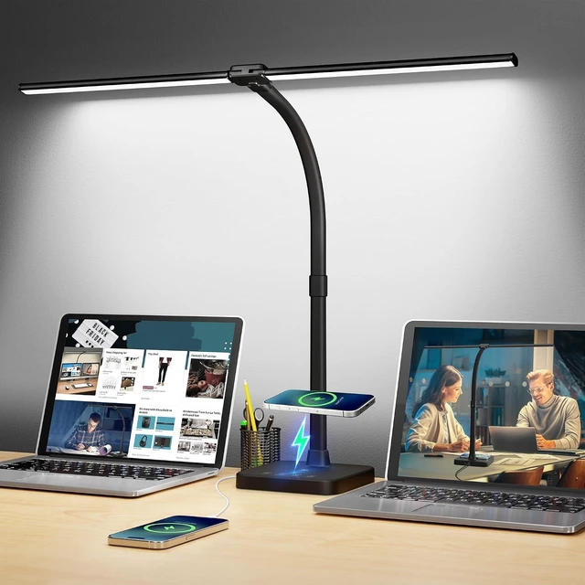 Alt view image 8 of 14 - ShineTech LED Desk Lamp for Home Office, 24W Double Head Desk Light with Wireless Charging, USB Port, 25 Lighting Modes Adjustable Lamps