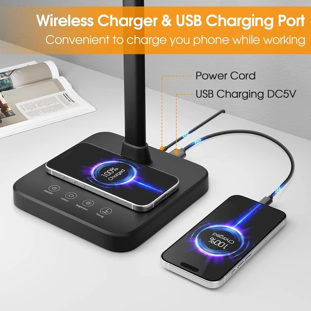 Alt view image 9 of 14 - ShineTech LED Desk Lamp for Home Office, 24W Double Head Desk Light with Wireless Charging, USB Port, 25 Lighting Modes Adjustable Lamps
