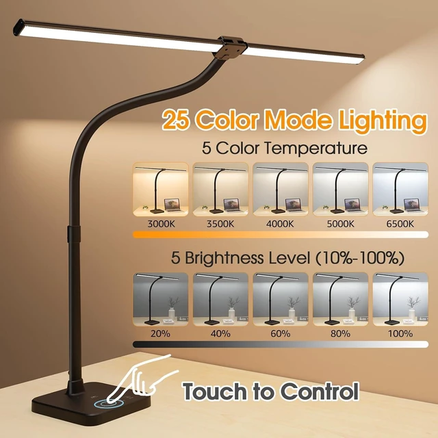 Alt view image 10 of 14 - ShineTech LED Desk Lamp for Home Office, 24W Double Head Desk Light with Wireless Charging, USB Port, 25 Lighting Modes Adjustable Lamps